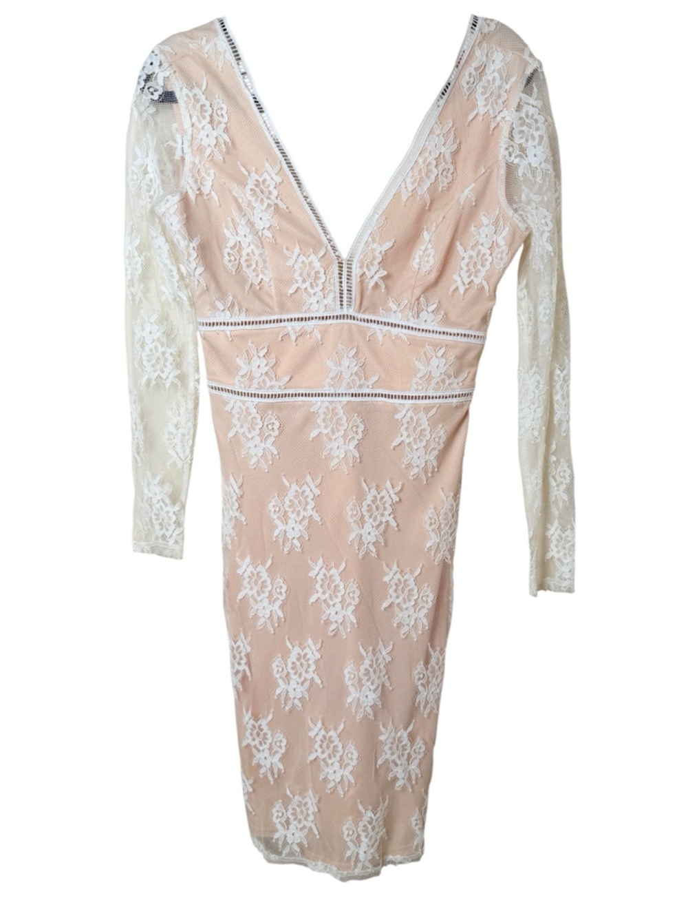 A. Calin by Flying Tomato Small White Lace Nude Illusion Bodycon Dress
